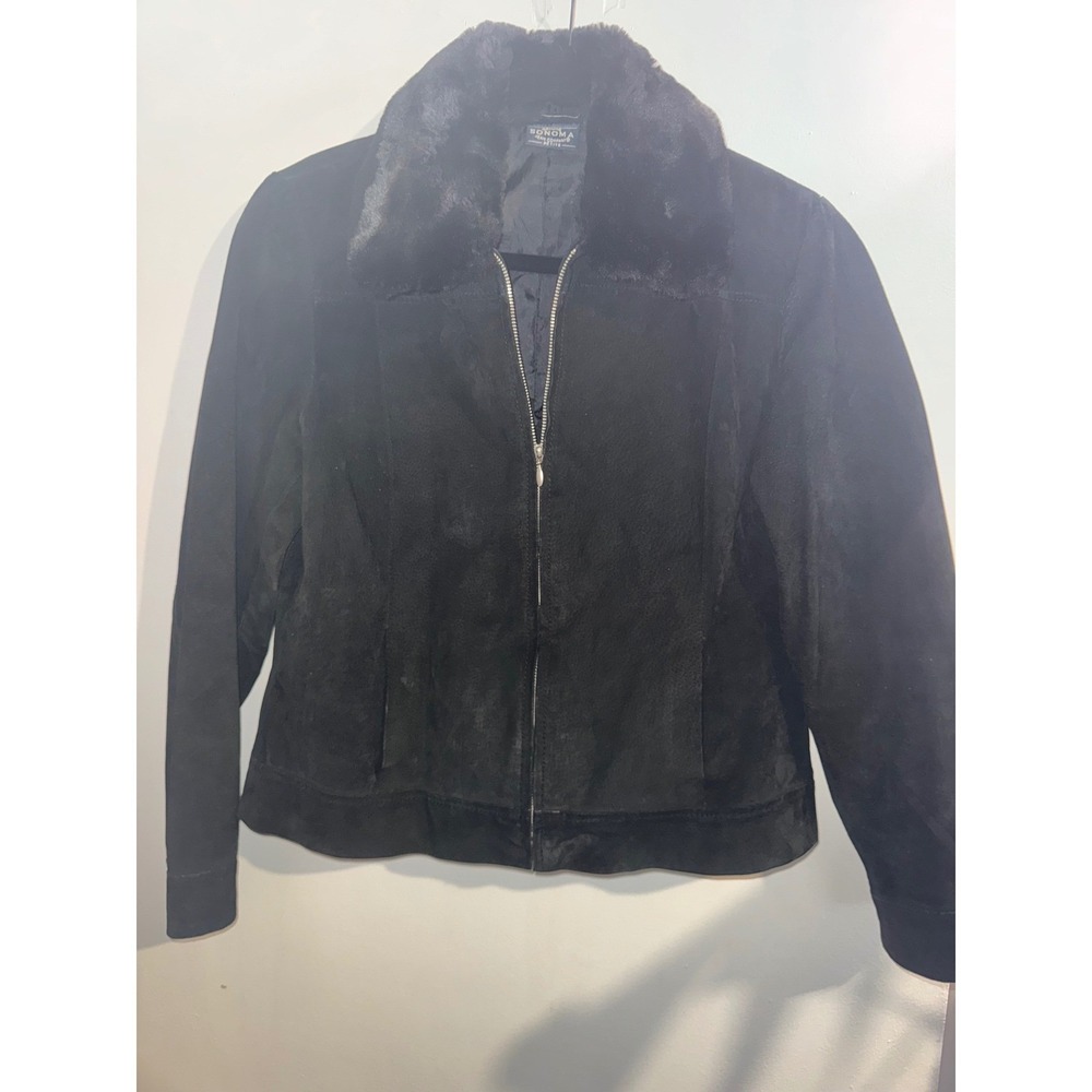 Sonoma Jean Company Womens Petite Black Suede Leather Faux Fur Collar Jacket PM